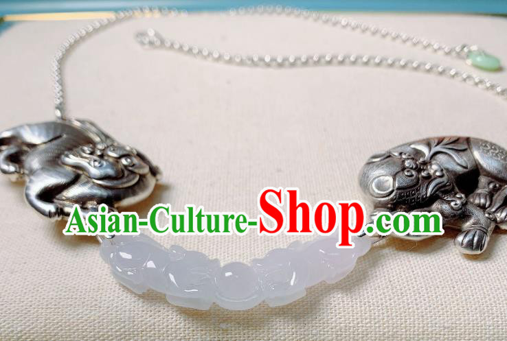 Handmade Chinese Silver Necklet Accessories National White Jade Necklace