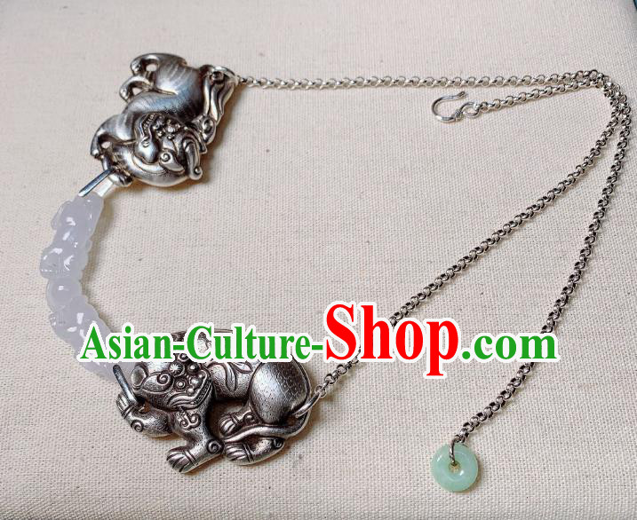 Handmade Chinese Silver Necklet Accessories National White Jade Necklace