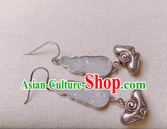 China National White Jade Earrings Jewelry Traditional Cheongsam Silver Ingot Ear Accessories