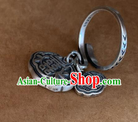 Chinese Handmade Ethnic Silver Carving Lock Ring National Wedding Circlet Jewelry