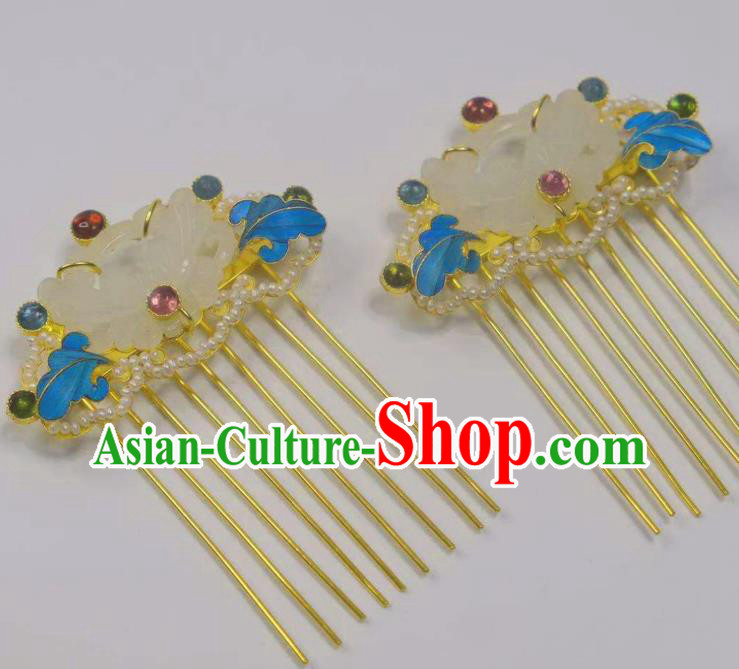 Chinese Ancient Empress Jade Hair Comb Traditional Hair Jewelry Qing Dynasty Gems Hairpin
