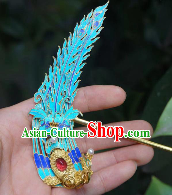 Chinese Ancient Empress Cloisonne Phoenix Hair Stick Traditional Hair Jewelry Qing Dynasty Filigree Hairpin