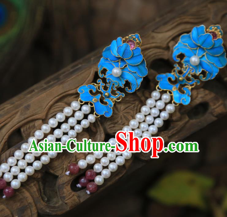 Chinese Traditional Pearls Tassel Earrings Jewelry Ancient Qing Dynasty Tourmaline Ear Accessories