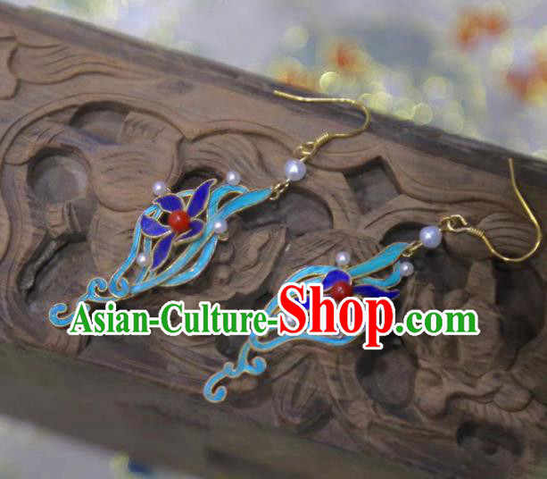 Chinese Culture Jewelry Ancient Qing Dynasty Pearls Ear Accessories Traditional Blueing Orchids Earrings