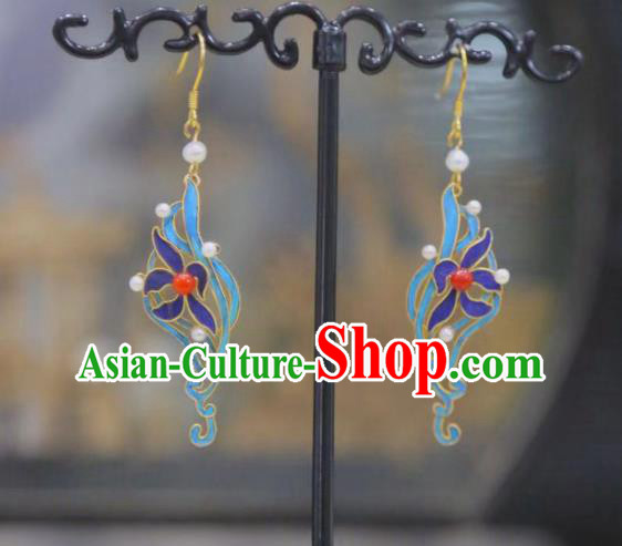 Chinese Culture Jewelry Ancient Qing Dynasty Pearls Ear Accessories Traditional Blueing Orchids Earrings