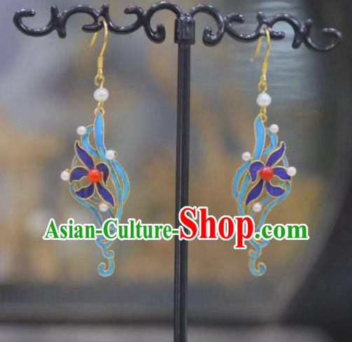 Chinese Culture Jewelry Ancient Qing Dynasty Pearls Ear Accessories Traditional Blueing Orchids Earrings