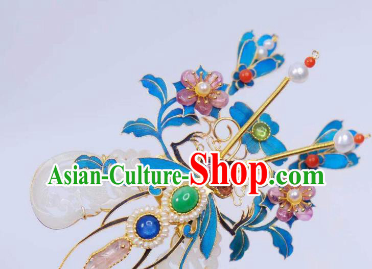 Chinese Traditional Qing Dynasty Gems Hair Jewelry Ancient Empress Jade Pearls Hairpin