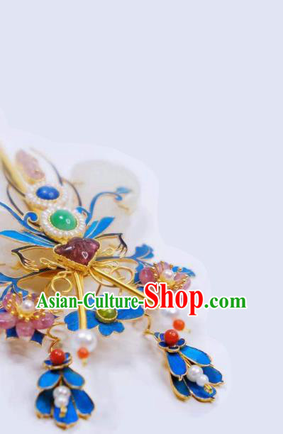 Chinese Traditional Qing Dynasty Gems Hair Jewelry Ancient Empress Jade Pearls Hairpin