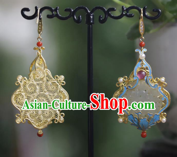 Chinese Traditional Jewelry Qing Dynasty Jade Earrings Ancient Empress Tourmaline Ear Accessories