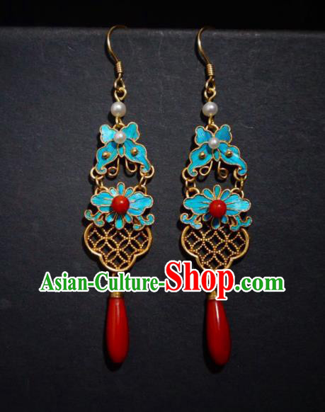 Chinese Ancient Qing Dynasty Butterfly Ear Accessories Traditional Agate Earrings Culture Jewelry