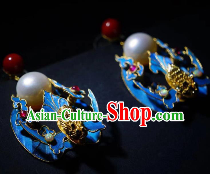 Chinese Ancient Qing Dynasty Filigree Bat Ear Accessories Traditional Culture Jewelry Pearl Earrings