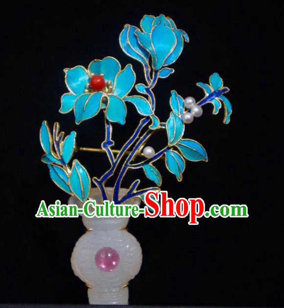 China Traditional Qing Dynasty Blueing Peony Breastpin Jewelry Handmade Jade Vase Brooch Accessories