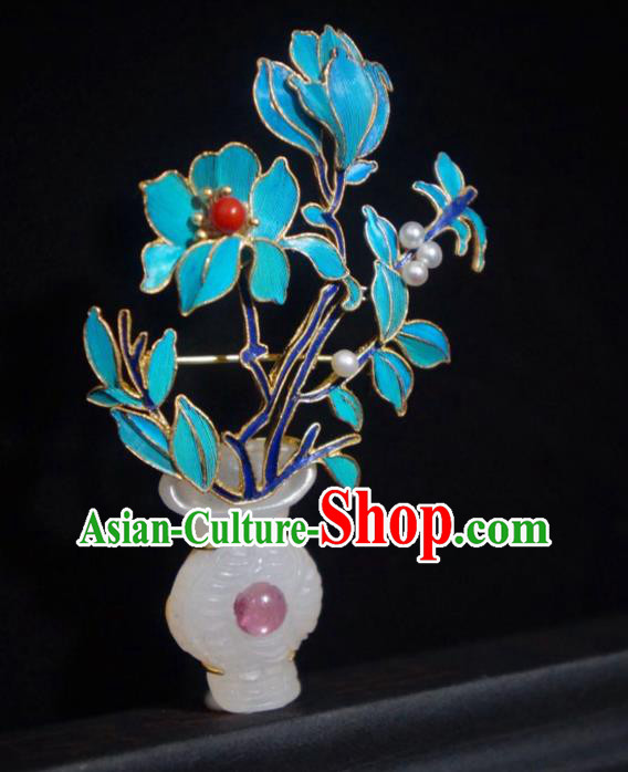 China Traditional Qing Dynasty Blueing Peony Breastpin Jewelry Handmade Jade Vase Brooch Accessories