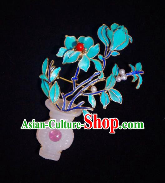 China Traditional Qing Dynasty Blueing Peony Breastpin Jewelry Handmade Jade Vase Brooch Accessories