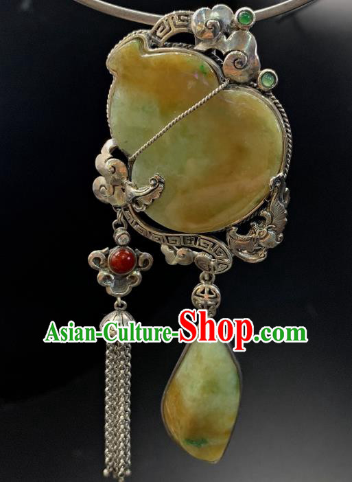 Handmade Chinese Silver Tassel Necklace Accessories National Jadeite Gourd Necklet Pendant