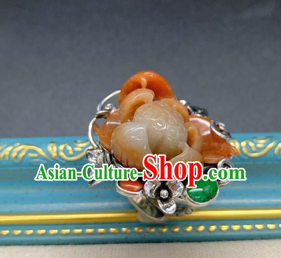 Chinese Handmade Ethnic Agate Lotus Ring National Silver Carving Circlet Jewelry