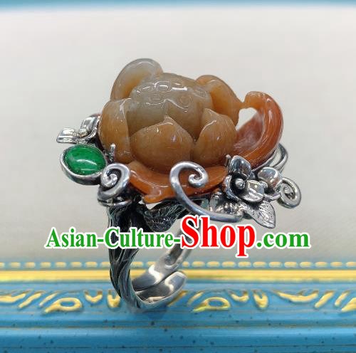 Chinese Handmade Ethnic Agate Lotus Ring National Silver Carving Circlet Jewelry