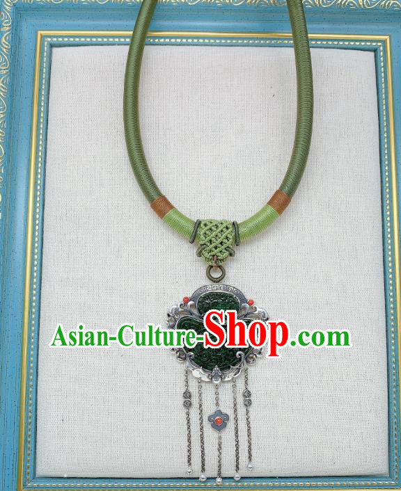 Handmade Chinese Jadeite Necklace Accessories National Silver Tassel Necklet Pendant