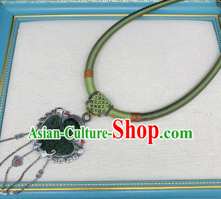 Handmade Chinese Jadeite Necklace Accessories National Silver Tassel Necklet Pendant