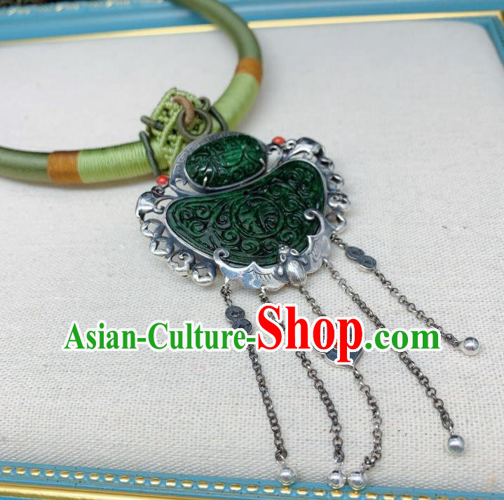Handmade Chinese Jadeite Necklace Accessories National Silver Tassel Necklet Pendant