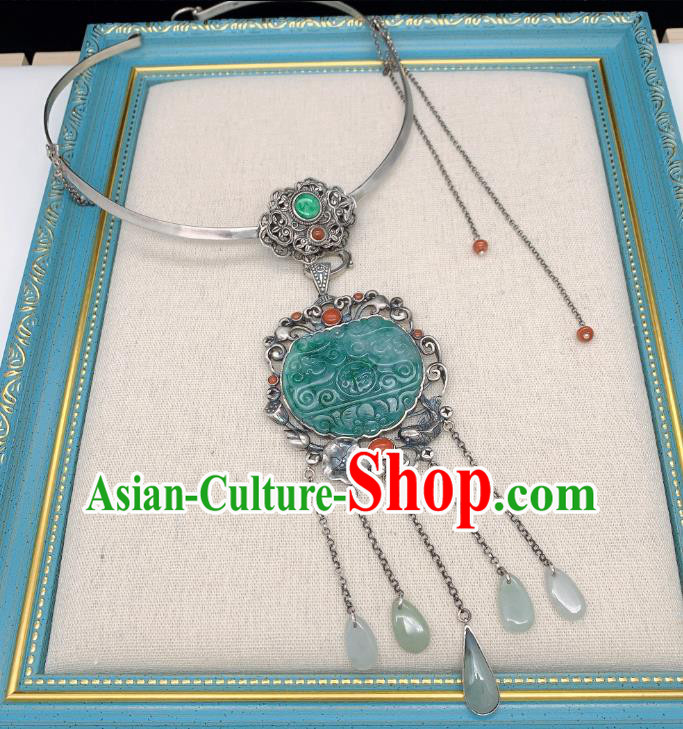 Handmade Chinese National Silver Tassel Necklet Pendant Jadeite Necklace Accessories