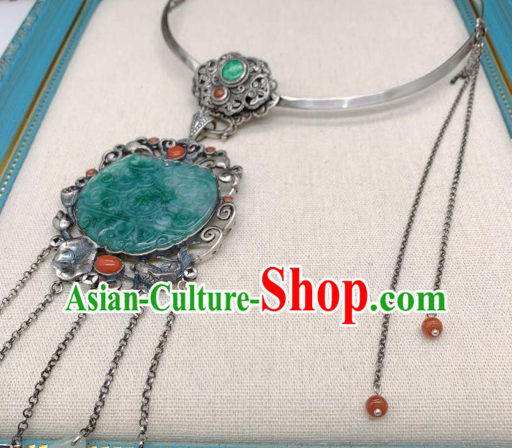 Handmade Chinese National Silver Tassel Necklet Pendant Jadeite Necklace Accessories