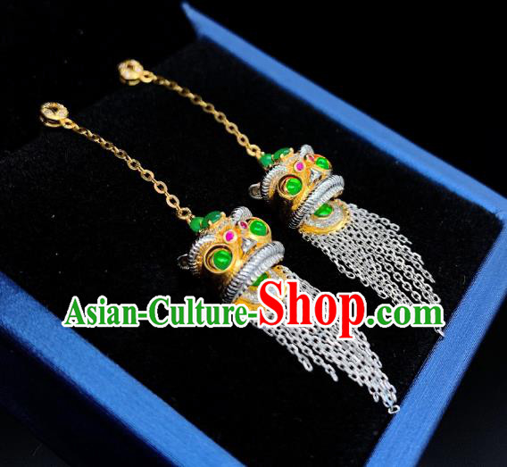China National Golden Lion Earrings Jewelry Traditional Cheongsam Jade Ear Accessories
