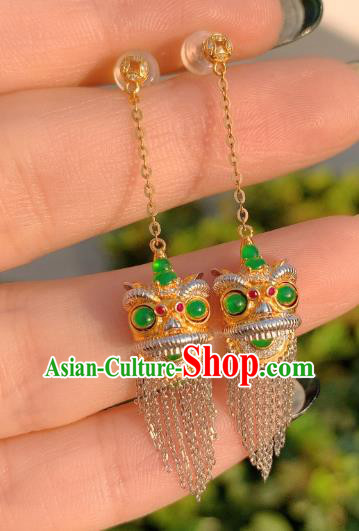 China National Golden Lion Earrings Jewelry Traditional Cheongsam Jade Ear Accessories