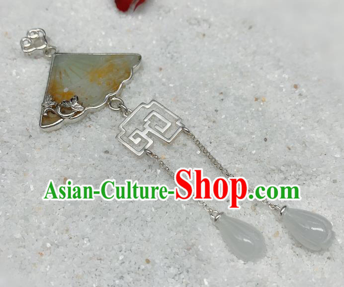 Handmade Chinese Mangnolia Tassel Necklace Accessories National Jade Fan Necklet Pendant