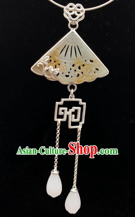 Handmade Chinese Mangnolia Tassel Necklace Accessories National Jade Fan Necklet Pendant