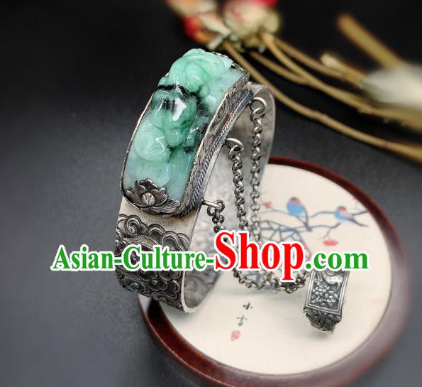 Handmade Chinese Silver Carving Bangle Accessories National Jadeite Bracelet