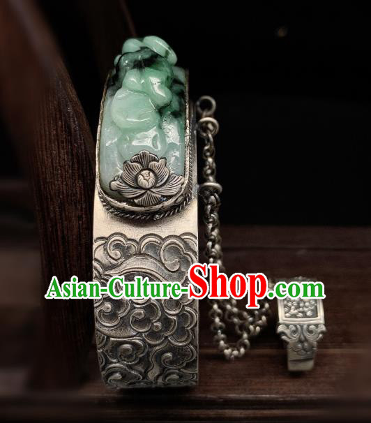 Handmade Chinese Silver Carving Bangle Accessories National Jadeite Bracelet