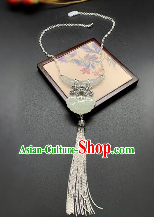 Handmade Chinese Jade Butterfly Necklace Accessories National Silver Tassel Necklet Pendant
