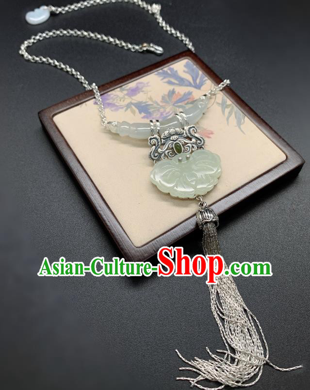 Handmade Chinese Jade Butterfly Necklace Accessories National Silver Tassel Necklet Pendant