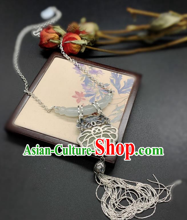 Handmade Chinese Jade Butterfly Necklace Accessories National Silver Tassel Necklet Pendant