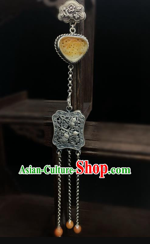 Handmade Chinese Jade Tassel Accessories National Silver Carving Brooch Pendant