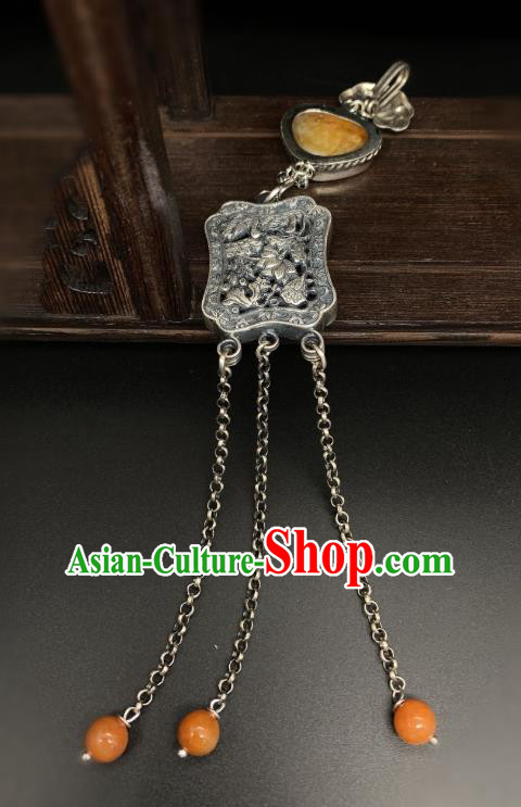 Handmade Chinese Jade Tassel Accessories National Silver Carving Brooch Pendant