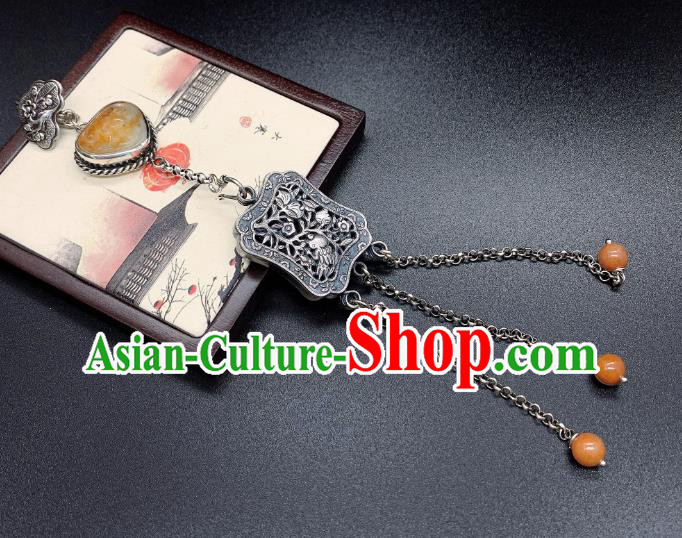 Handmade Chinese Jade Tassel Accessories National Silver Carving Brooch Pendant