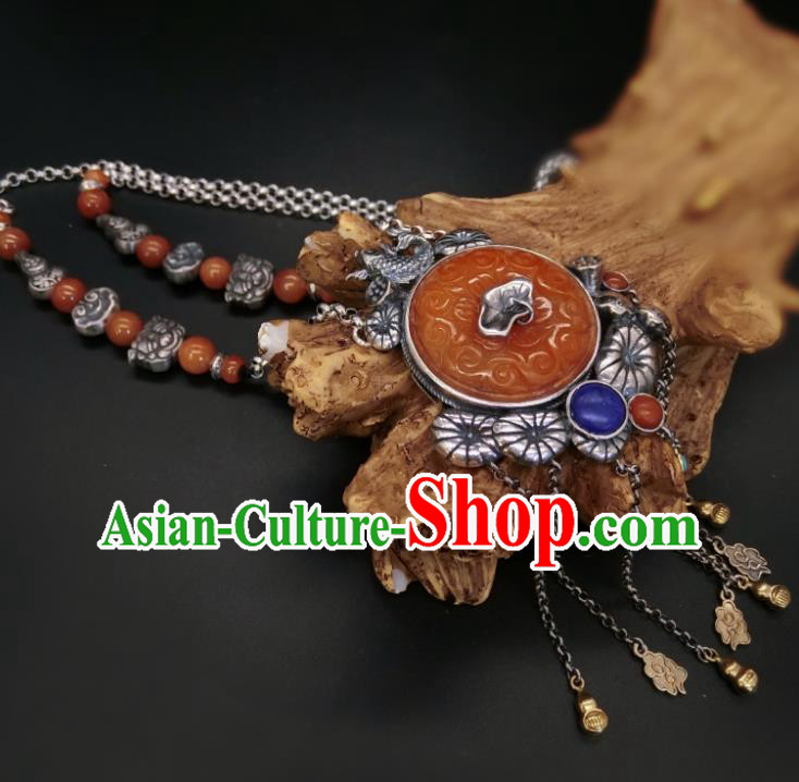 Handmade Chinese Silver Fish Necklace Accessories National Agate Carving Necklet Pendant