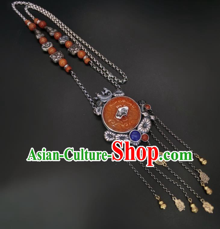 Handmade Chinese Silver Fish Necklace Accessories National Agate Carving Necklet Pendant