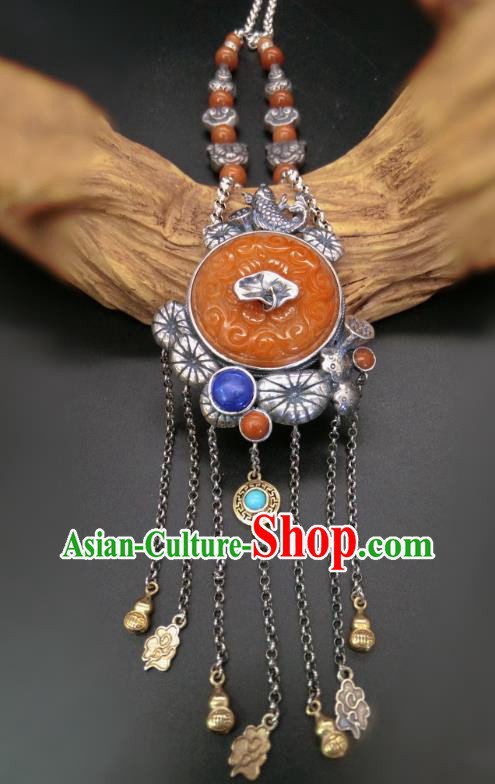 Handmade Chinese Silver Fish Necklace Accessories National Agate Carving Necklet Pendant