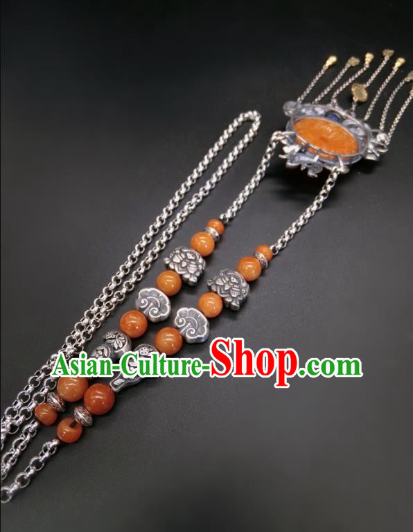 Handmade Chinese Silver Fish Necklace Accessories National Agate Carving Necklet Pendant