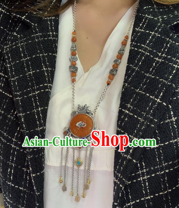 Handmade Chinese Silver Fish Necklace Accessories National Agate Carving Necklet Pendant