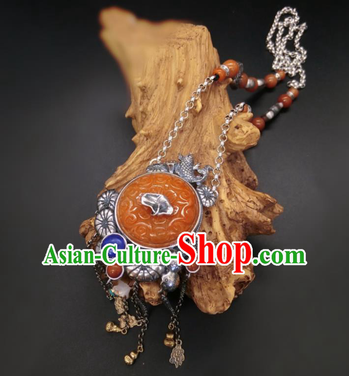 Handmade Chinese Silver Fish Necklace Accessories National Agate Carving Necklet Pendant
