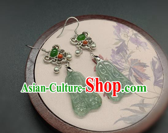 China Traditional Silver Ear Accessories National Cheongsam Jadeite Palm Fan Earrings Jewelry