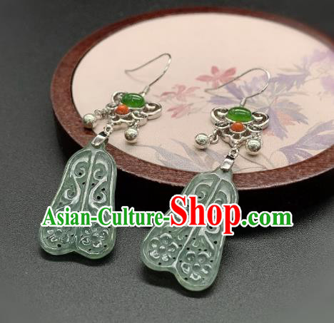 China Traditional Silver Ear Accessories National Cheongsam Jadeite Palm Fan Earrings Jewelry