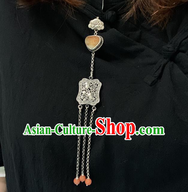 Handmade Chinese Jade Tassel Accessories National Silver Carving Brooch Pendant