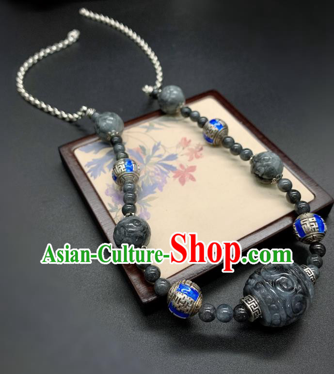 Handmade Chinese Blueing Silver Necklace Accessories National Black Jade Necklet Pendant