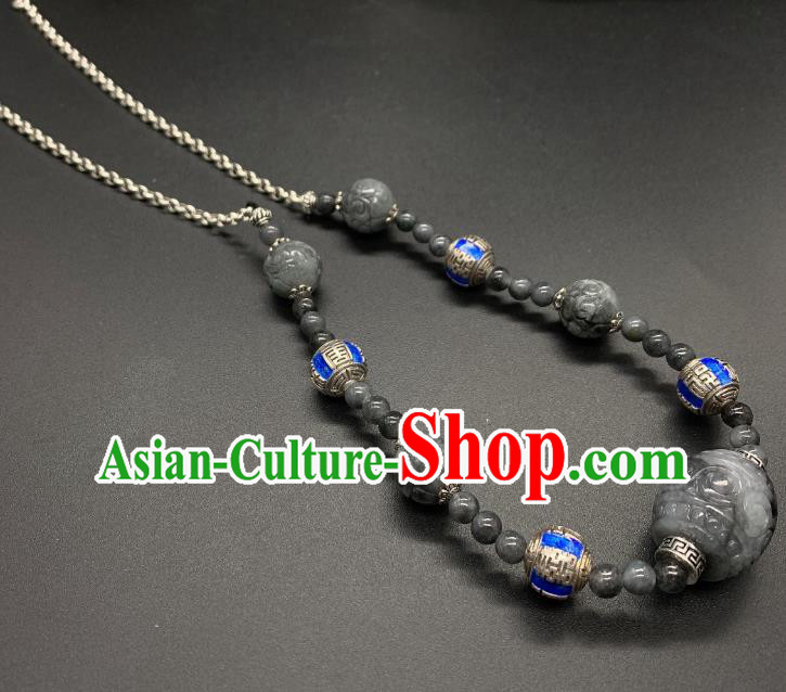 Handmade Chinese Blueing Silver Necklace Accessories National Black Jade Necklet Pendant