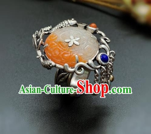 Chinese Handmade Silver Fish Ring National Agate Carving Circlet Jewelry